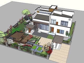 新中式独栋别墅，景观庭院，花园凉亭，铁艺院墙围墙，su草图模型下载