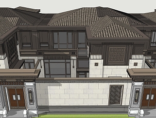 新中式别墅，会所，建筑院墙，围墙，大门，门头 su草图模型下载