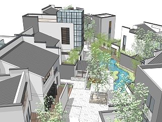 新中式风格别墅住宅，景观，人造湖树池 su草图模型下载