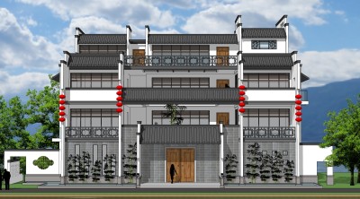 新中式徽派建筑，度假村，酒店，会所，独栋别墅 ，配景 马头墙，栏杆 su草图模型下载