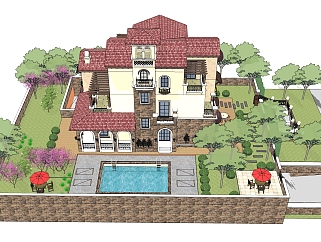 欧式美式户外独栋别墅，景观庭院带泳池，su草图模型...