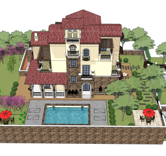 欧式美式户外独栋别墅，景观庭院带泳池，su草图模型下载