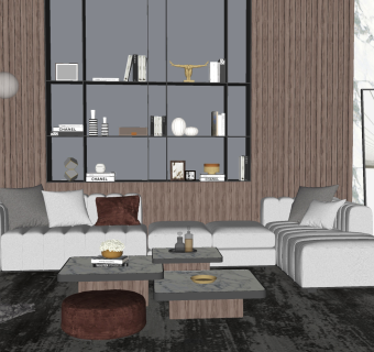 61现代转角沙发茶几组合 装饰背景墙 摆件 金属落地灯坐墩su草图模型下载