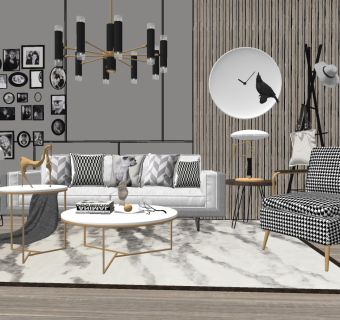 62北欧轻奢沙发茶几组合，三人沙发，单人沙发，黑白相框照片墙，吊灯，衣架su草图模型下载