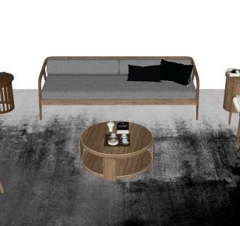 63新中式实木风格沙发茶几组合，实木单人椅，中式沙发椅su草图模型下载