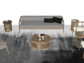 63新中式实木风格沙发茶几组合，实木单人椅，中式沙发椅su草图模型下载