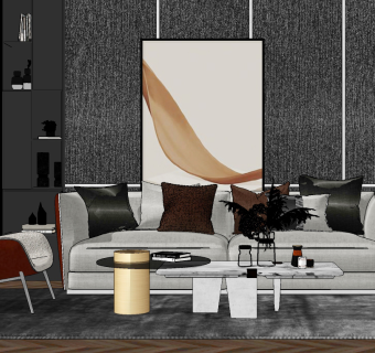 64现代北欧轻奢风格沙发组合 软包背景墙 茶几 单椅su草图模型下载