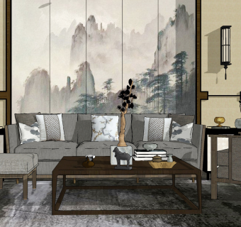 65新中式布艺沙发茶几组合，中式单人沙发椅，边几，装饰柜su草图模型下载