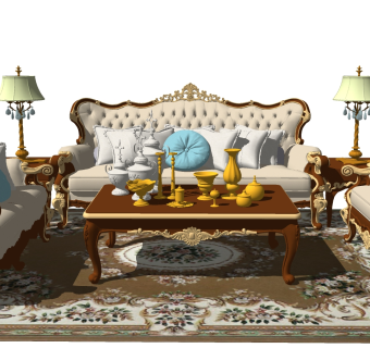 66欧式古典，法式雕花皮革沙发，单人沙发，茶几组合，灯几，古典欧式单人沙发，古典欧式三人沙发su草图模型下载