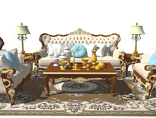66<em>欧式古典</em>，法式雕花皮革沙发，单人沙发，茶几组合，...