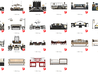 中式古典实木沙发，<em>罗汉</em>床su草图模型下载