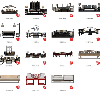 68新中式沙发组合集合 贵妃椅，贵妃榻，卧榻，矮凳，屏风，中式古典实木沙发，罗汉床su草图模型下载