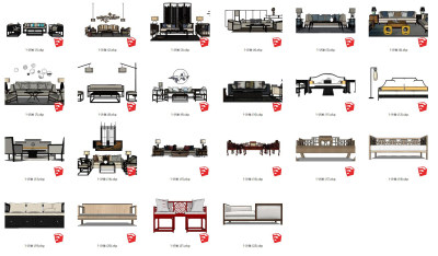 68新中式沙发组合集合 贵妃椅，贵妃榻，卧榻，矮凳，屏风，中式古典实木沙发，罗汉床su草图模型下载