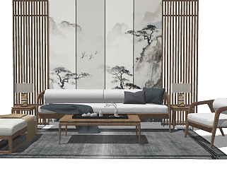 70新中式沙发组合 茶几 吊灯 装饰品 卧榻 屏风 背景墙 台灯su草图模型下载