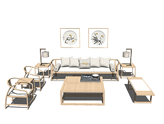 71新中式沙发组合 茶几  装饰品 卧榻 灯几 单椅su草图模型下载