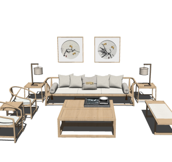 71新中式沙发组合 茶几  装饰品 卧榻 灯几 单椅su草图模型下载