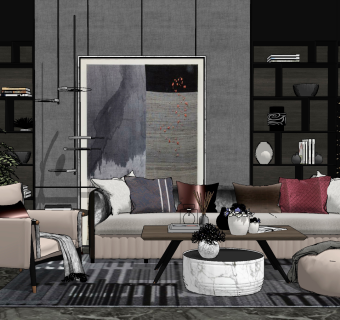 72现代轻奢新中式风格组合沙发 茶几，圆墩，坐墩，装饰画 盘栽 背景墙 吊灯 茶几su草图模型下载