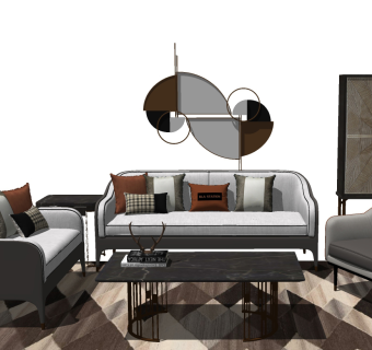 77新中式沙发单人椅子组合 中式边柜 摆件 单人沙发 双人沙发su草图模型下载