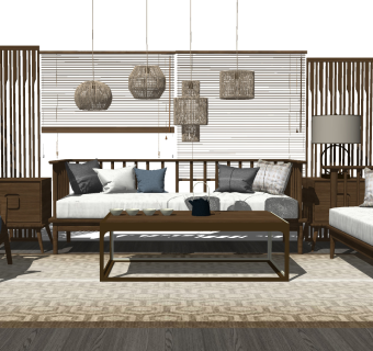 78新中式实木风格沙发组合 单人椅 双人椅 吊灯 屏风 ，东南亚藤编编织，小吊灯su草图模型下载