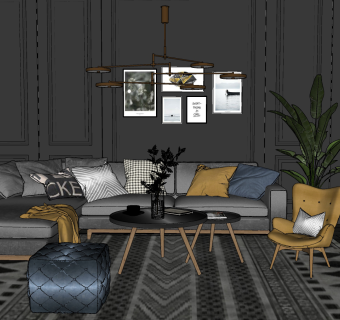 79现代北欧绒布拐角组合沙发 单人沙发 脚凳 绿植 装饰画，挂画su草图模型下载