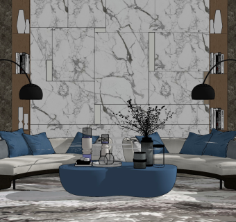 82现代风格组合沙发茶几，弧形沙发 异形沙发 背景墙 落地灯 异形茶几su草图模型下载