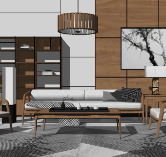 86现代新中式家具组合实木沙发 吊灯 背景墙 书柜 单人椅，书柜su草图模型下载