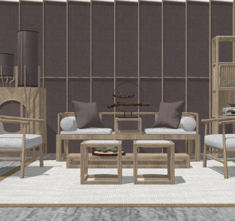 88中式新中式风格组合沙发 书柜 单人椅 屏风 隔断 矮凳 边柜，罗汉床su草图模型下载