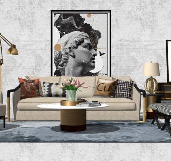 89现代轻奢简欧式沙发组合 灯几 单人沙发su草图模型下载