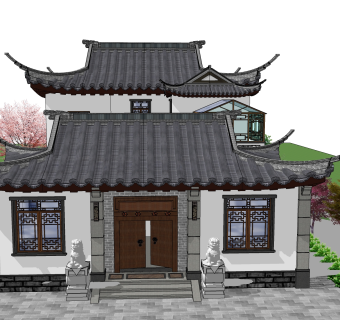 中式合院建筑，独栋别墅，景观庭院，门头，大门石狮子， su草图模型下载