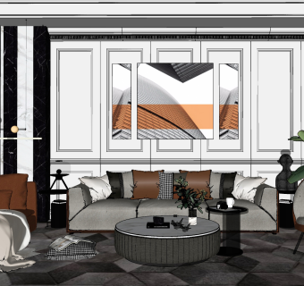 84现代轻奢简欧式风格沙发茶几组合 单人沙发 贵妃椅  单椅 陈设摆件 植物 装饰品 挂画 抱枕靠包卧榻，贵妃榻1su草图模型下载