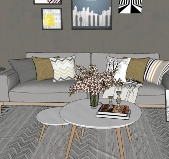 93现代简约沙发茶几组合 装饰画 落地灯 摆件su草图模型下载
