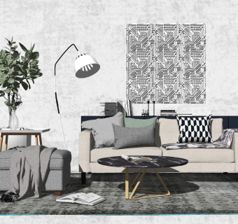 95北欧现代沙发茶几组合，单人沙发，落地灯，盆栽绿植，电板装饰挂件su草图模型下载