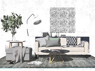 95北欧现代沙发茶几组合，单人沙发，落地灯，盆栽绿植，电板装饰挂件su草图模型下载