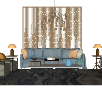 97新中式，中式风格组合沙发，茶几，屏风，通透隔断，现代简约沙发，灯几su草图模型下载