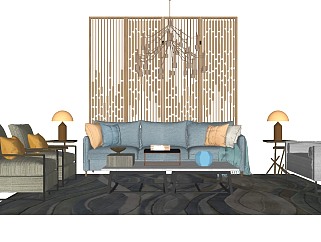 97新中式，中式风格组合沙发，茶几，屏风，通透隔断，现代简约沙发，灯几su草图模型下载
