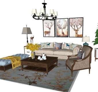 99欧式，美式莫里印象沙发茶几组合，美式吊灯，壁灯，台灯，美式单人沙发，花盆摆件su草图模型下载
