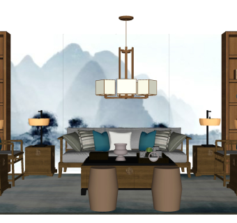 102新中式，中式风格组合沙发 吊灯 装饰柜组合 装饰品摆件su草图模型下载