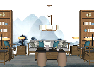 102新中式，中式风格组合沙发 吊灯 装饰柜组合 装饰品摆件su草图模型下载