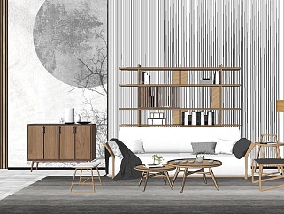 104新中式实木现代沙发组合，背景墙，书柜，边几，...