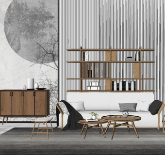 104新中式实木现代沙发组合，背景墙，书柜，边几，实木椅su草图模型下载