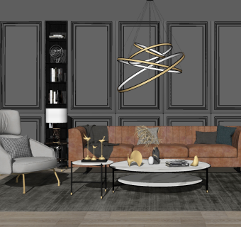 106现代北欧轻奢皮质沙发茶几组合吊灯单人皮质沙发 背景墙su草图模型下载