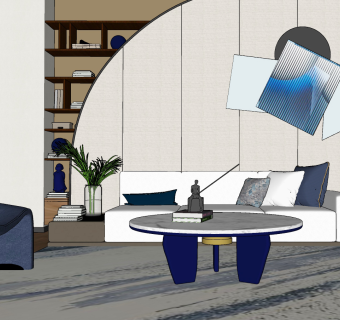 108现代布艺沙发组合 沙发茶几 绿植 摆件 书本 书架 抱枕 背景墙su草图模型下载