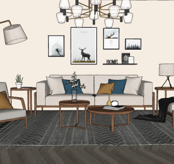 109北欧沙发组合 多人沙发 圆茶几 脚凳 简欧吊灯 落地灯 挂画组合 布艺单人沙发 地毯 花卉 绿植su草图模型下载