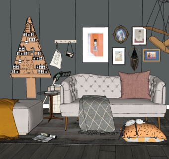107北欧现代双人沙发挂画组合 挂钩 抱枕 圣诞书架 吊饰su草图模型下载