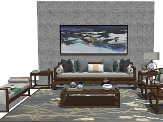 112新中式，中式古典风格组合沙发 卧榻 床榻 茶几 中式椅 灯几  台灯su草图模型下载