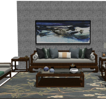 112新中式，中式古典风格组合沙发 卧榻 床榻 茶几 中式椅 灯几  台灯su草图模型下载