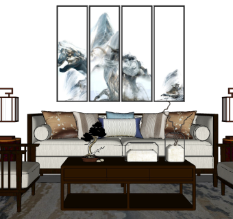 115新中式沙发茶几组合 罗汉床 床榻摆件组合 绿植 盆栽 装饰画su草图模型下载