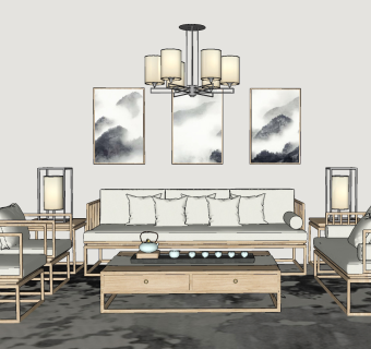 118新中式沙发茶几组合 摆件组合 灯几，单人椅，双人椅，茶具，吊灯，床榻su草图模型下载