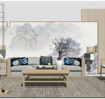 119新中式实木风格沙发茶几组合，实木单人椅，中式隔断屏风，圆墩，吊灯，摆件组合su草图模型下载