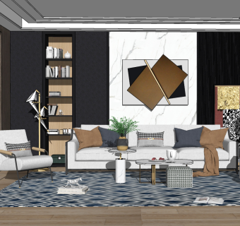 120现代简欧极简沙发茶几组合，落地灯，盆栽，靠垫，摆件组合，书柜，背景墙，圆墩su草图模型下载